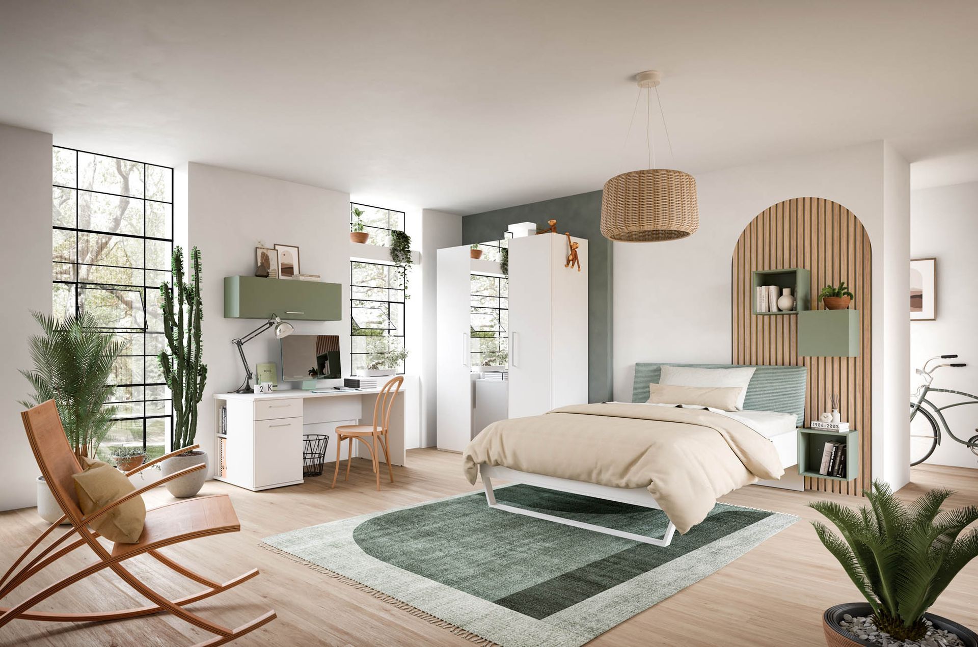Schlafzimmer mit natürlichem Look: Akzente in grün, beige und Holz Schlafzimmer mit natürlichem Look: Akzente in grün, beige und Holz