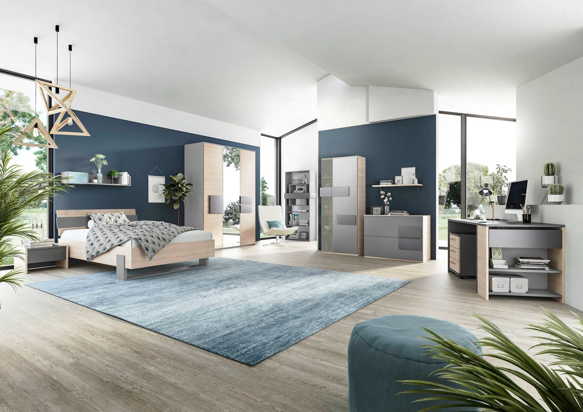 Ein blaues Jugendzimmer mit Holzakzenten und Fronten in Anthrazit