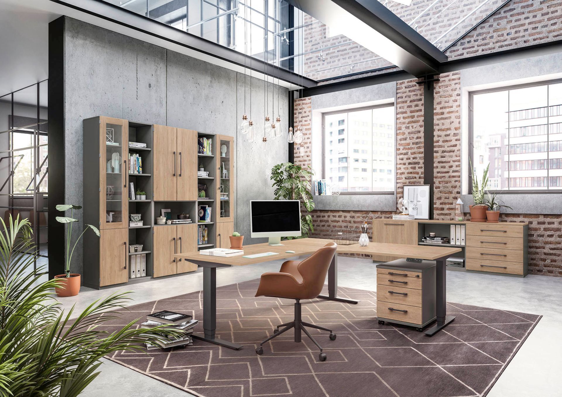 Büro für eine Person im Industrial-Stil. Akzente aus Holz und in Anthrazit.