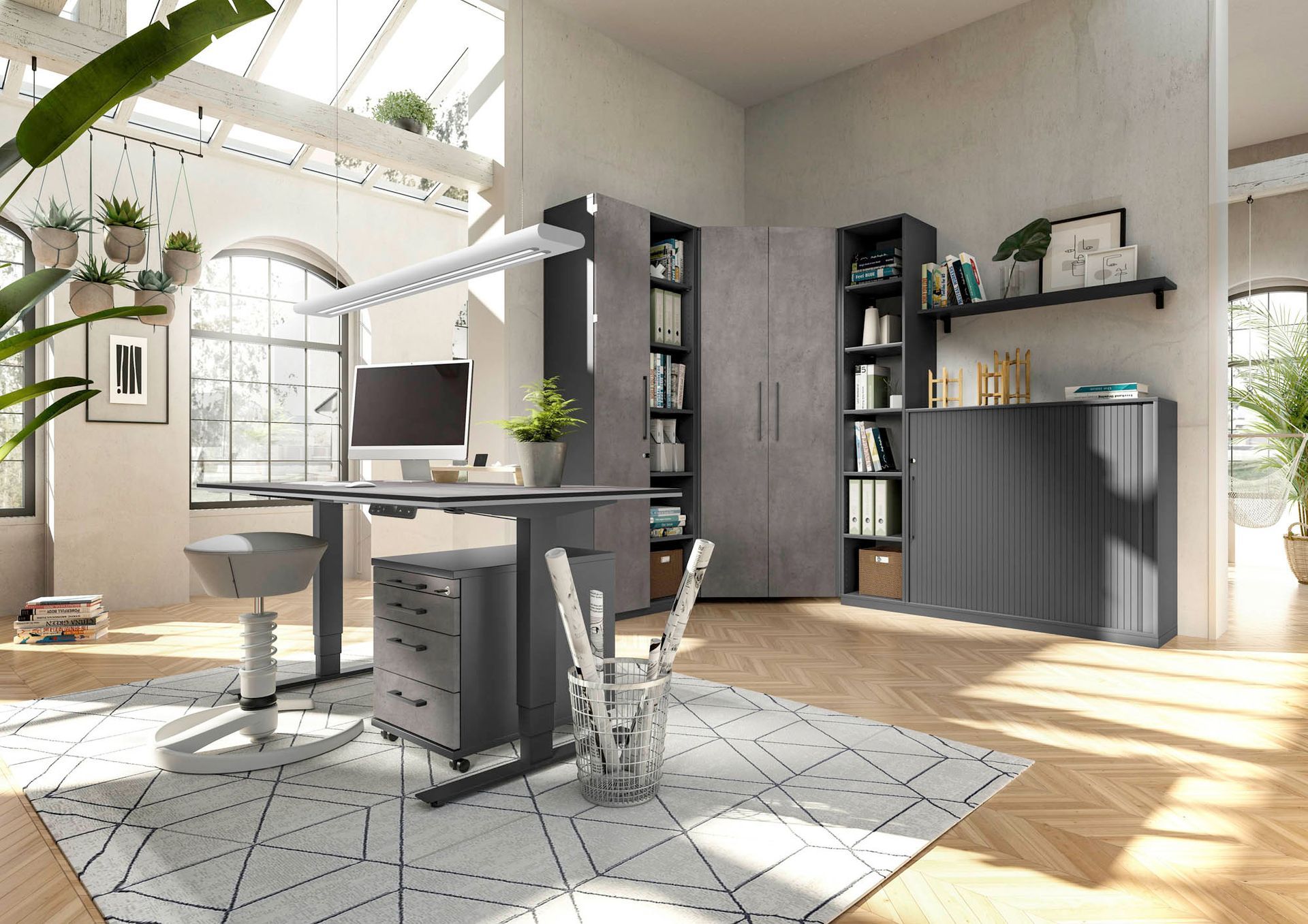 Büro für eine Person mit Graphit Möbeln und ergonomischem Schreibtisch Büro für eine Person mit Graphit Möbeln und ergonomischem Schreibtisch