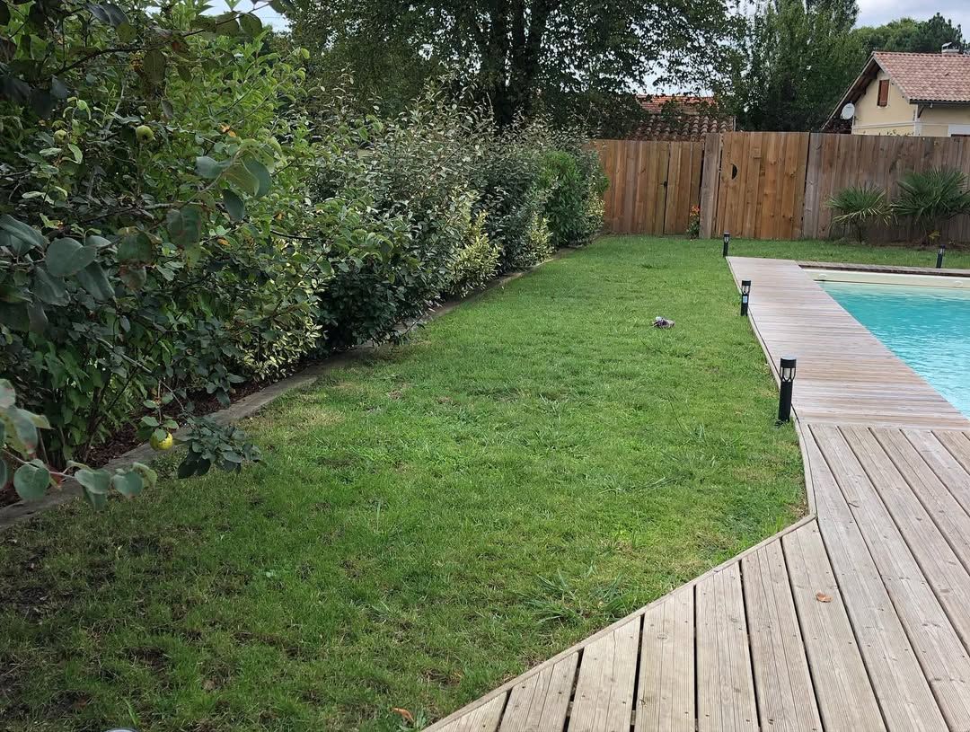 Jardin entretenu avec une terrasse en bois près d'une piscine