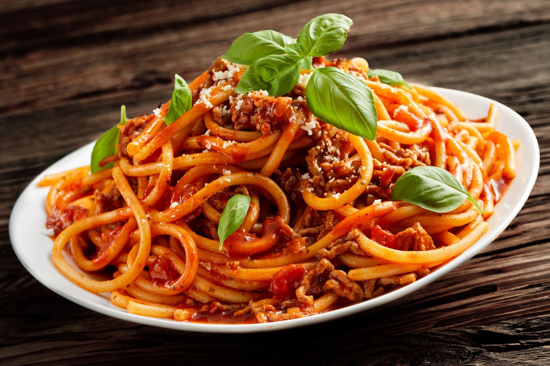 Assiette de spaghettis à la sauce tomate et au basilic dans un plat blanc