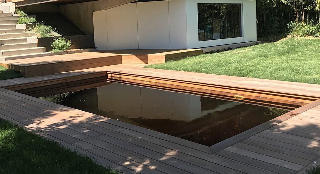 Terrasse d'une maison donnant sur une piscine naturelle à l'eau trouble