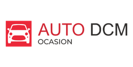Logotipo de Auto DCM Occasion con icono de coche rojo y texto negro y rojo sobre fondo blanco.