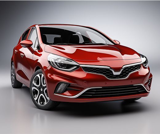 Coche compacto rojo tipo hatchback sobre un fondo gris liso de estudio, vista frontal de tres cuartos.