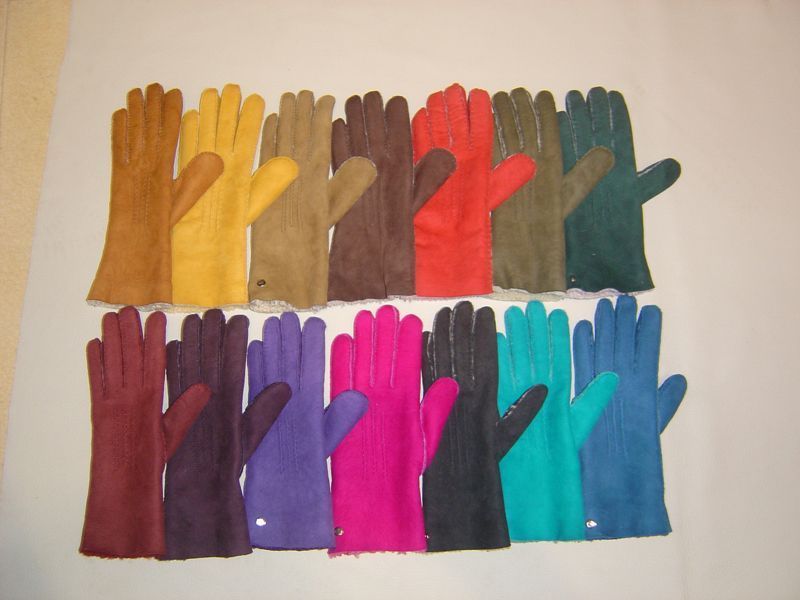 Viele verschiedenfarbige Handschuhe sind auf einer weißen Fläche aufgereiht