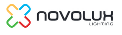 Un logotipo colorido para novolux lighting con un corazón en el medio.