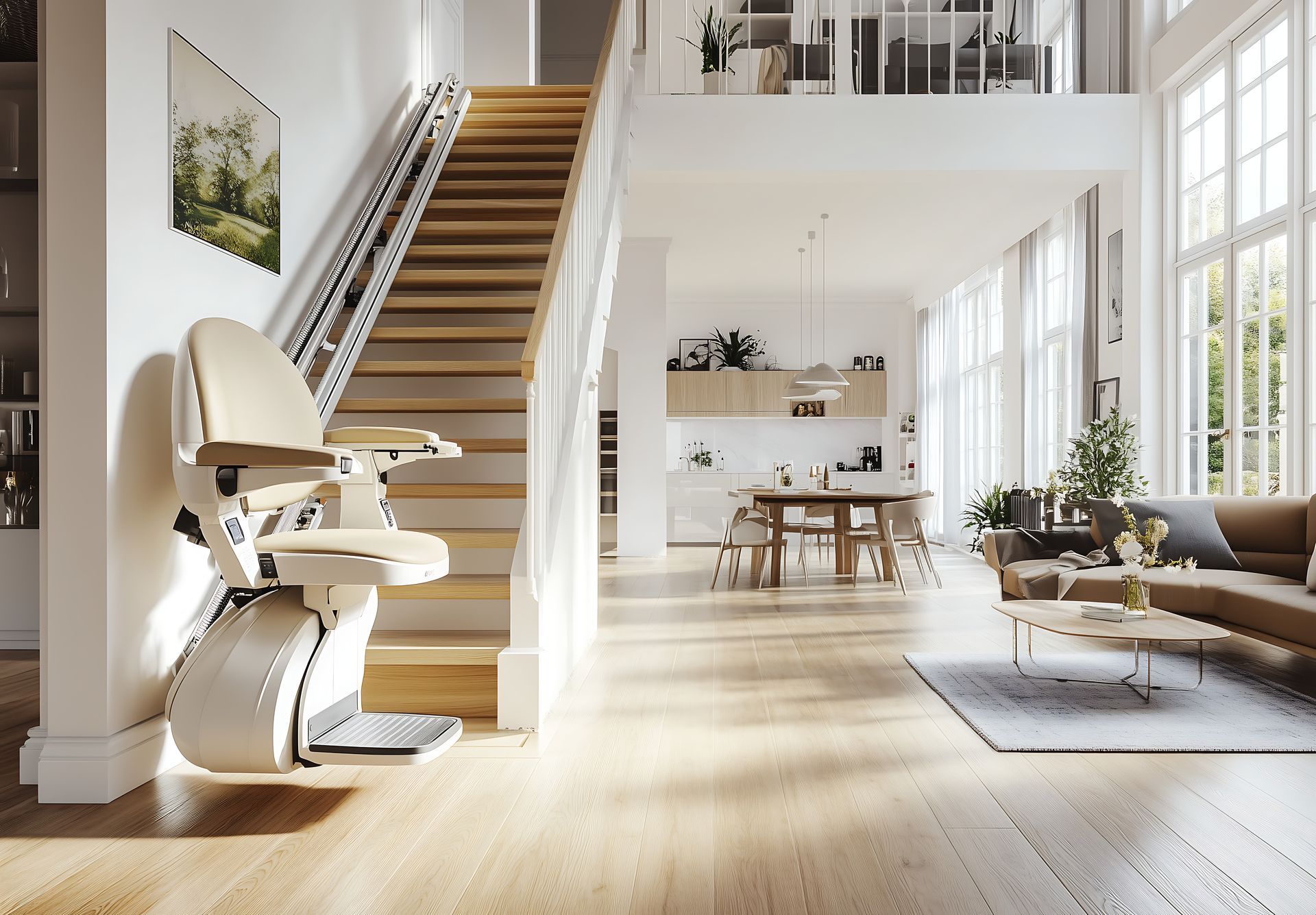 Ein Treppenlift befindet sich in der Mitte eines Wohnzimmers neben einer Treppe.