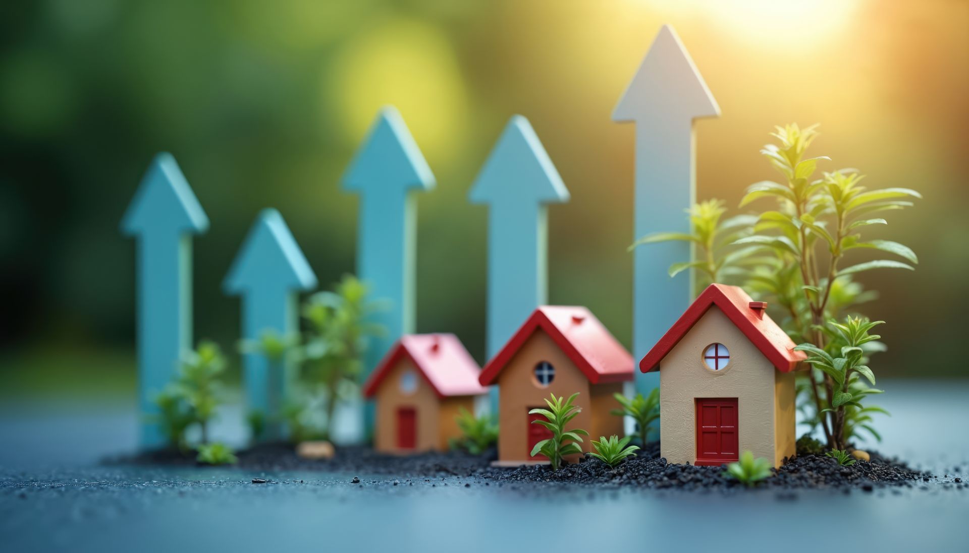 Spielzeughäuser mit aufsteigenden blauen Pfeilen und Pflanzen, die das Wachstum im Immobilienbereich