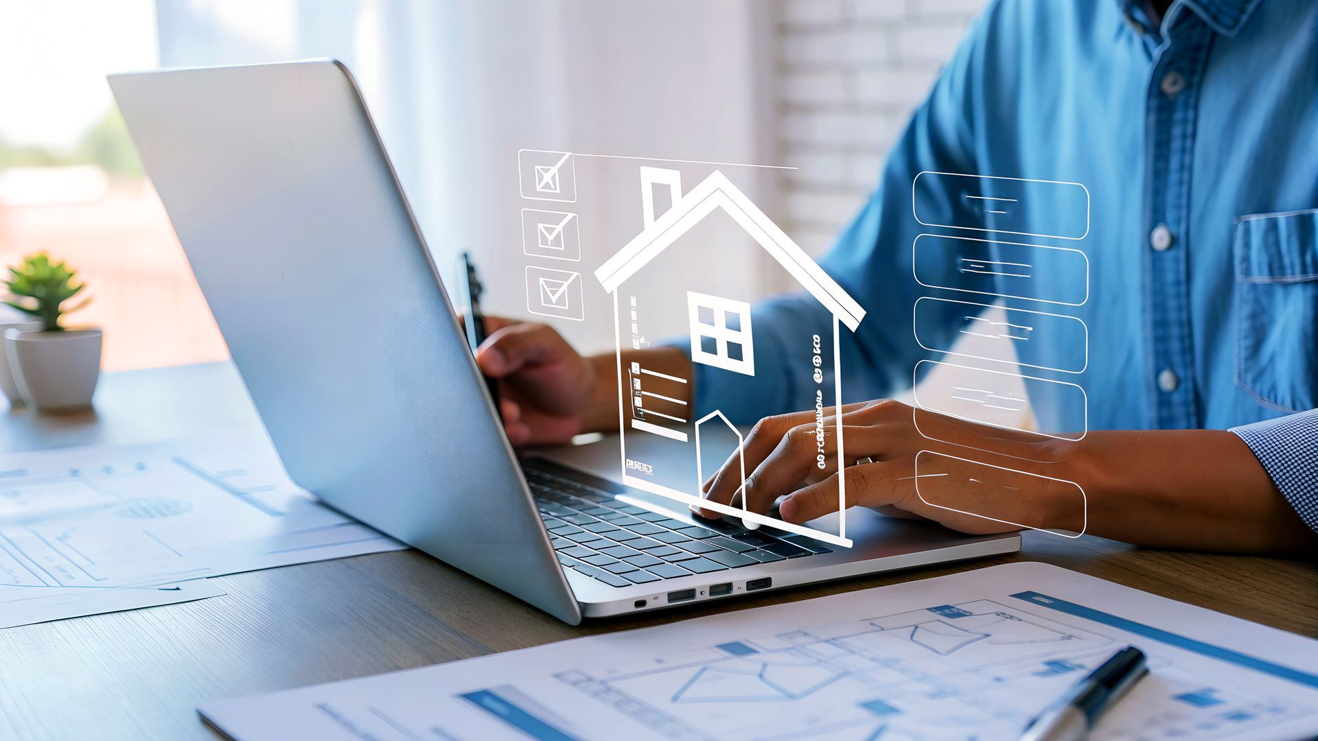 Mann im blauen Hemd vor Laptop