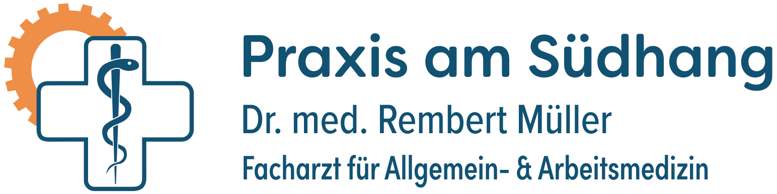 Logo für „Praxis am Südhang Dr. Müller“ mit turmartigem Symbol über Wellen.