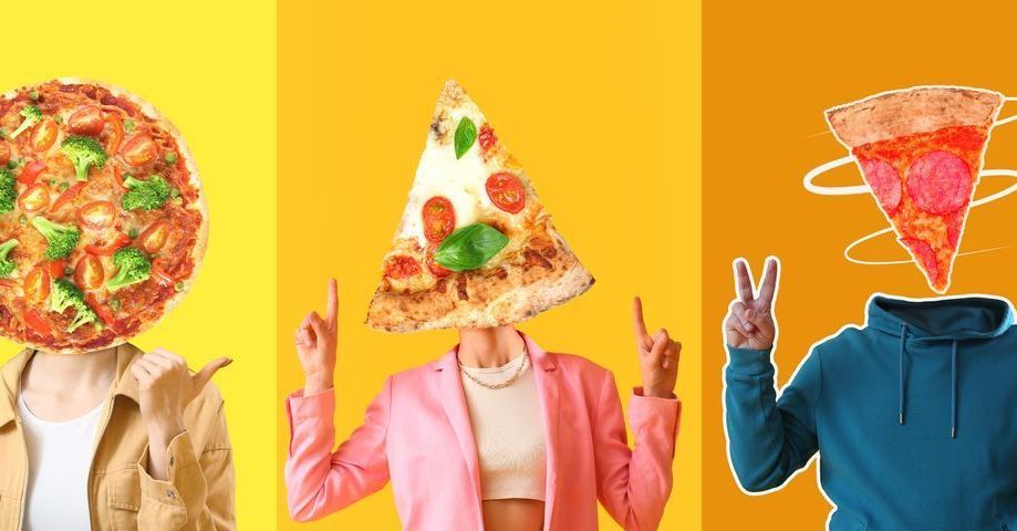 Personnes avec des parts de pizza à la place de la tête pour symboliser la pizza à personnaliser selon ses envies