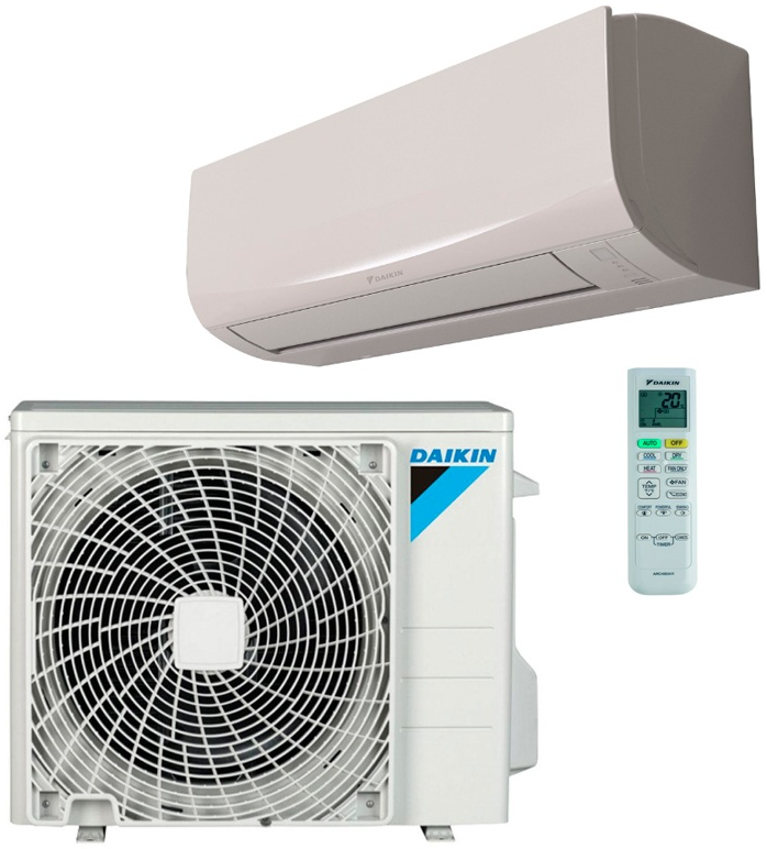 Sistema de aire acondicionado minisplit sin ductos Daikin: unidad de pared blanca, compresor exterior y control remoto.