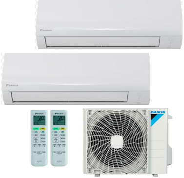 Aire acondicionado Daikin tipo split color blanco con dos unidades interiores, unidad exterior y dos mandos a distancia.