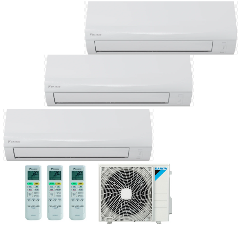 Sistema de aire acondicionado mini-split Daikin con tres unidades interiores, controles remotos y una unidad exterior.