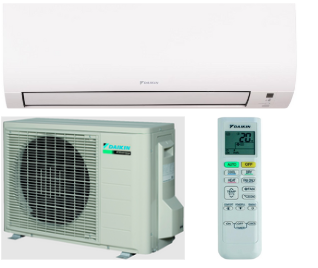Unidad de aire acondicionado Daikin color blanco con compresor exterior y mando a distancia.