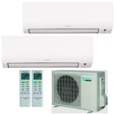 Sistema de aire acondicionado minisplit sin ductos Daikin: dos unidades interiores, dos unidades remotas y una unidad exterior. Blanco y gris.
