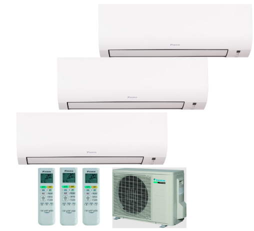 Sistema de aire acondicionado split blanco con tres unidades interiores, controles remotos y una unidad exterior.