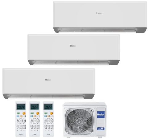 Sistema minisplit multizona Haier con tres unidades interiores, controles remotos y un condensador exterior.