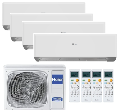 Un sistema de aire acondicionado multizona Haier blanco con cuatro unidades interiores, una unidad exterior y cuatro controles remotos.