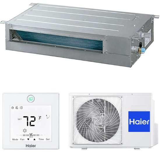 Componentes del sistema de aire acondicionado: unidad de conductos, termostato y unidad compresora exterior.