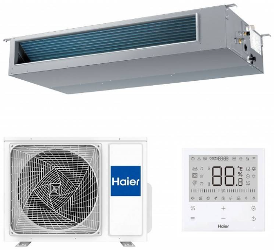 Sistema de aire acondicionado minisplit sin ductos Haier: unidad interior, unidad exterior y control remoto.