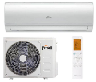 Conjunto de aire acondicionado Ferroli: unidad de pared, unidad exterior y mando a distancia. Color blanco.