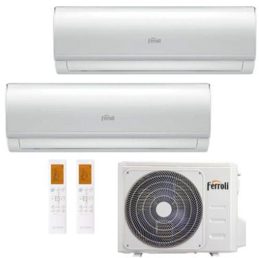 Unidad de aire acondicionado Ferroli color blanco con dos unidades interiores, dos mandos a distancia y una unidad exterior.