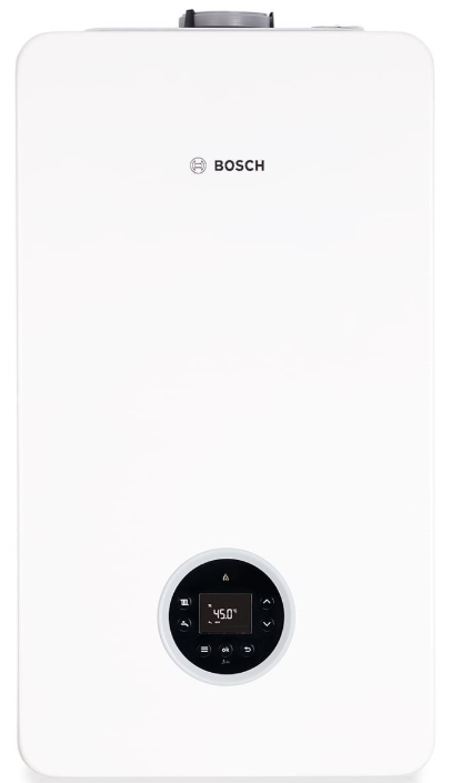 Sistema de caldera Bosch de color blanco y termostato inteligente, con pantalla digital.