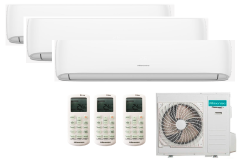 Un sistema de aire acondicionado minisplit multizona Hisense blanco con tres unidades interiores, una unidad exterior y tres controles remotos.