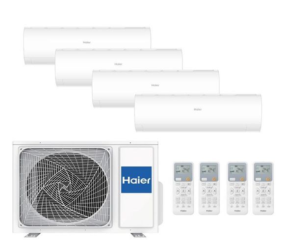 Conjunto de aire acondicionado mini-split Haier con cuatro unidades interiores, compresor exterior y cuatro mandos a distancia sobre fondo blanco.