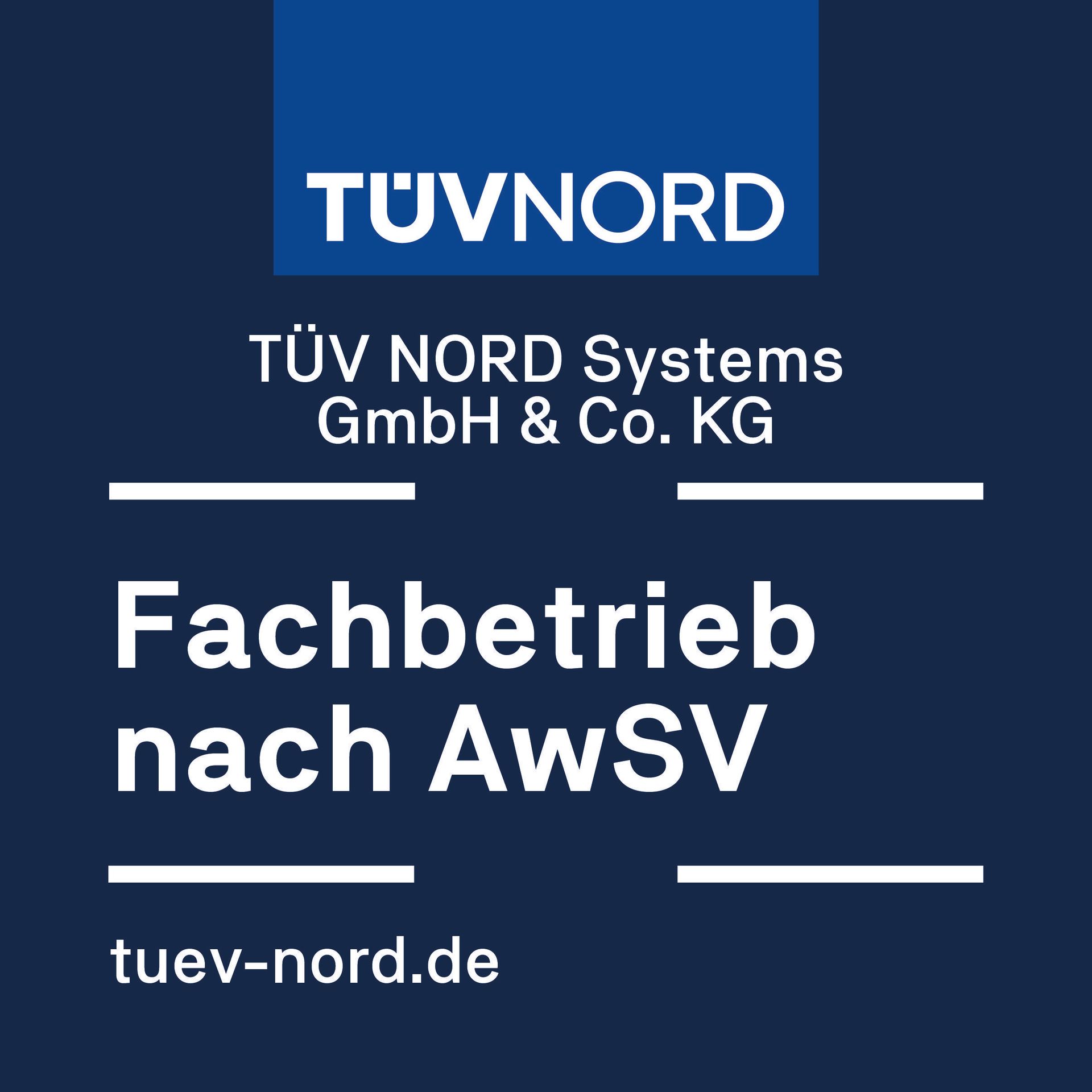 TÜV NORD Systems logo on blue, with “Fachbetrieb nach AwSV” and tüv-nord.de text.