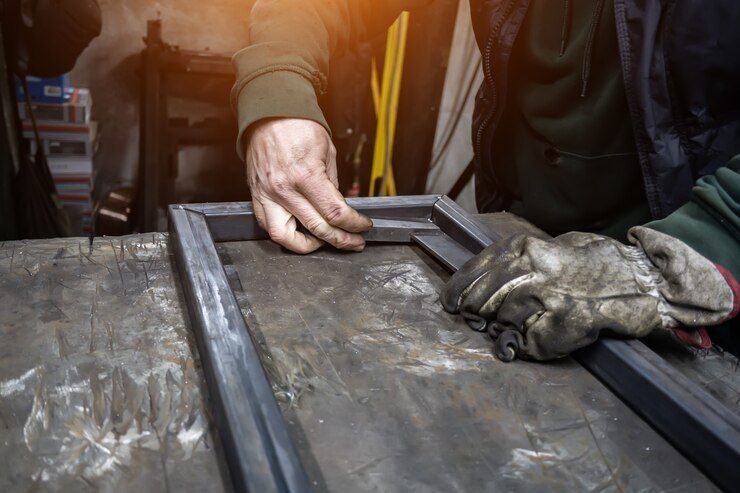 Monteur in Schutzhandschuhen positioniert und markiert eine Metallplatte für den Zuschnitt