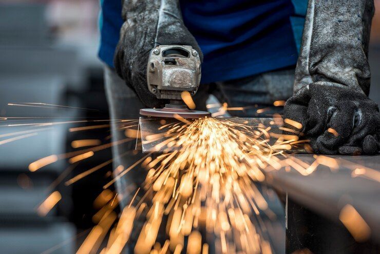 Hand mit Winkelschleifer schneidet Edelstahlblech – dramatischer Funkenregen in der Metallwerkstatt