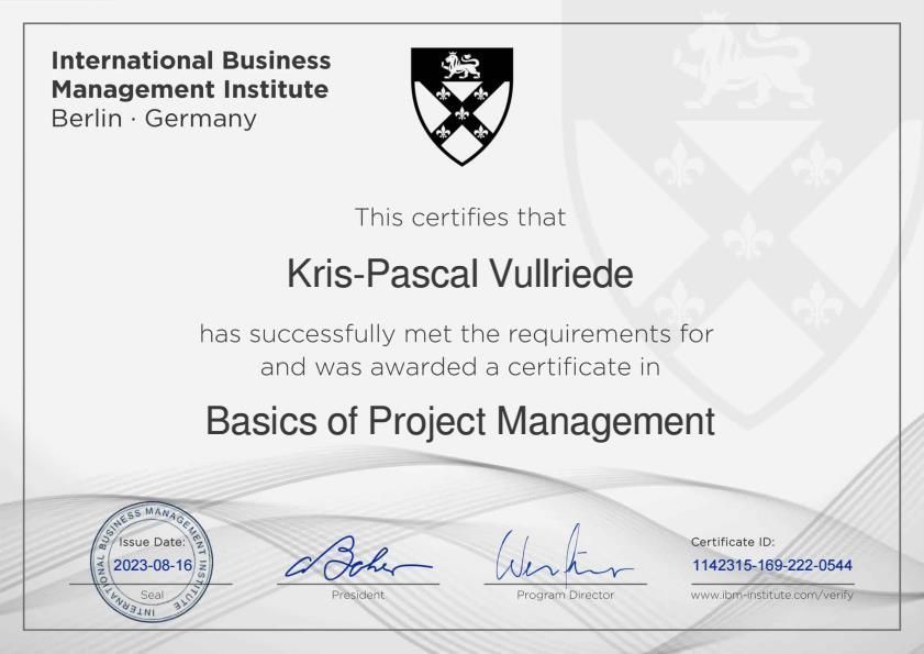 Zertifikat des International Business Management Institute für die Grundlagen des Projektmanagements, verliehen an Kris-Pascal Vullriede.