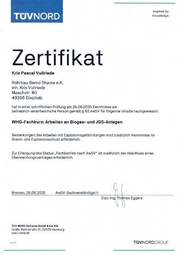TÜV Nord-Zertifikat in deutscher Sprache mit blauem Logo und Unterschrift am unteren Rand