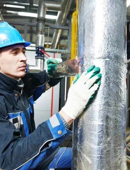 Arbeiter mit blauem Schutzhelm isoliert ein Metallrohr in einer Industrieanlage