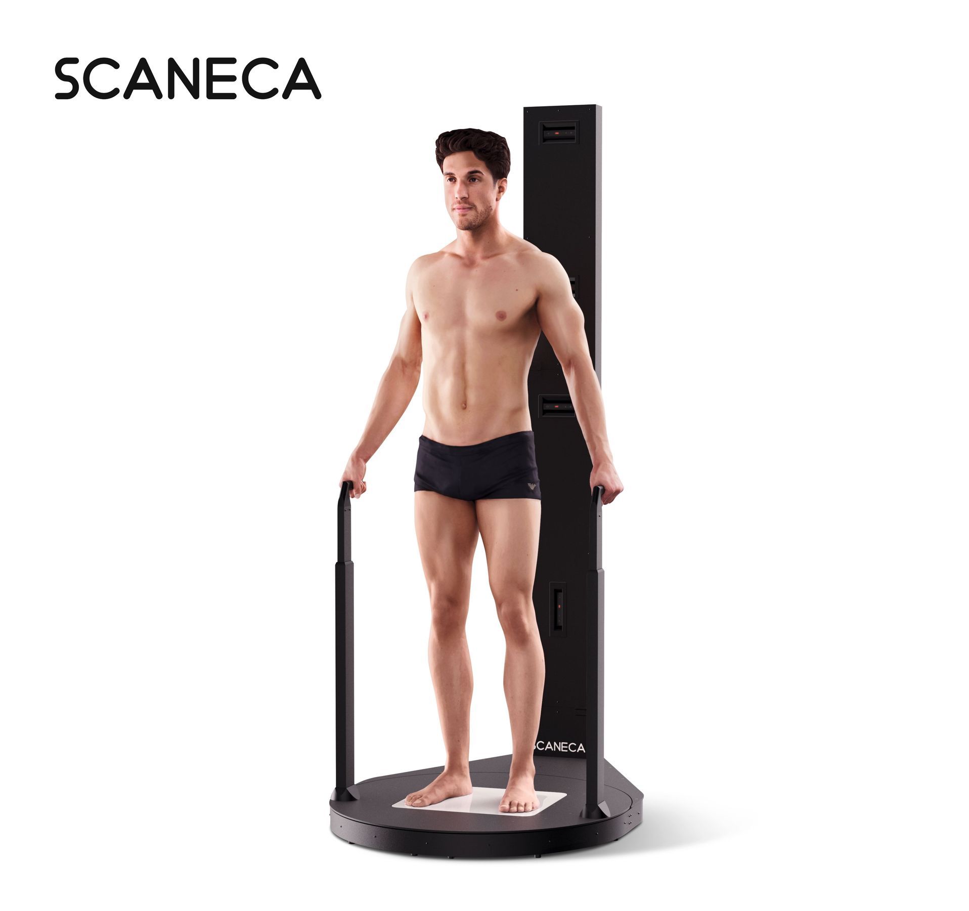 Mann in Unterwäsche steht für einen 3D-Scan in einem Körperscanner. Der Scanner ist schwarz und der Mann trägt kein Hemd.