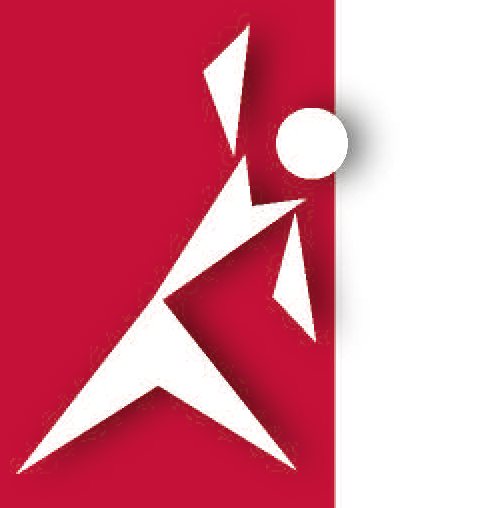 Weiße geometrische Figur einer Person auf rotem Hintergrund mit weißem vertikalen Streifen.