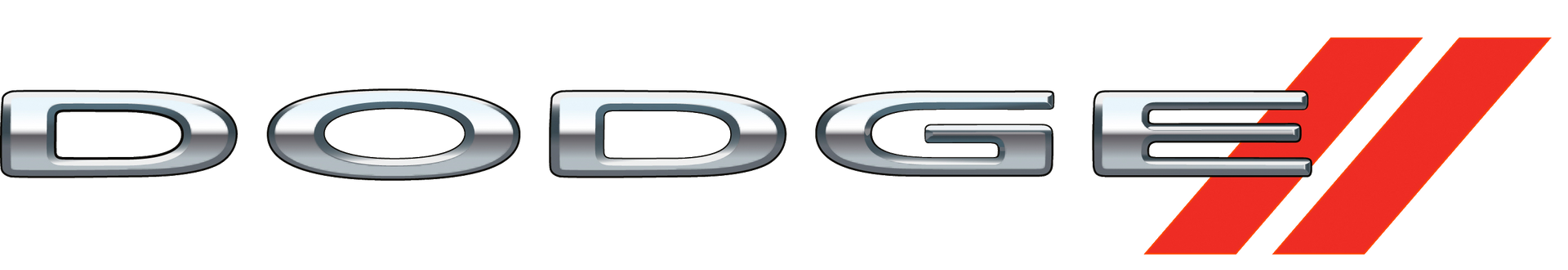 Logotipo de Dodge: texto plateado con franjas de carreras rojas.