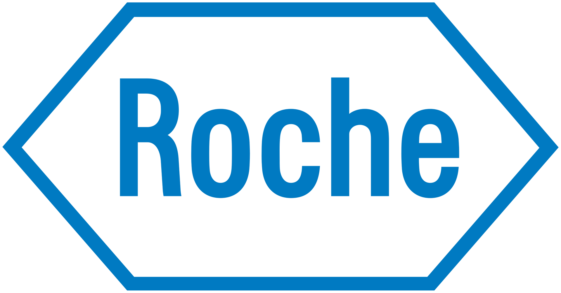 Logotipo de Roche: texto azul en un hexágono azul y blanco.