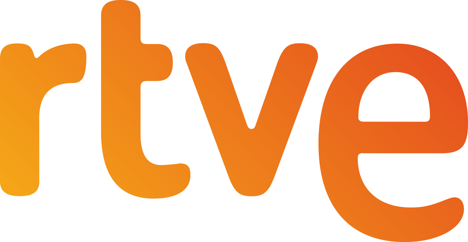Logotipo de rtve, texto degradado en naranja.