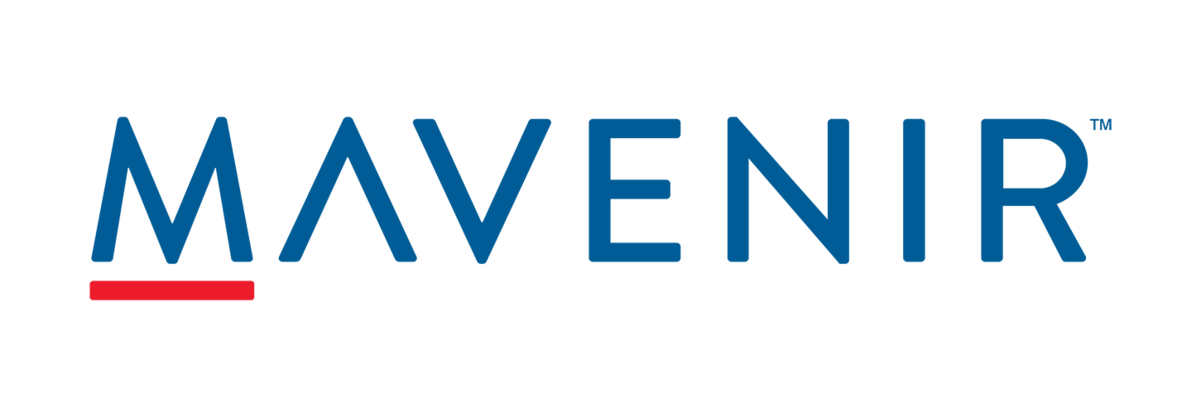 Logotipo de Mavenir con texto azul oscuro sobre fondo blanco y subrayado rojo.