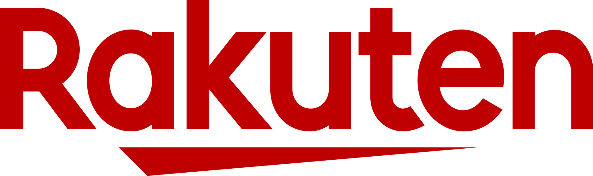 Logotipo de Rakuten en rojo con un arco rojo oscuro debajo del texto.