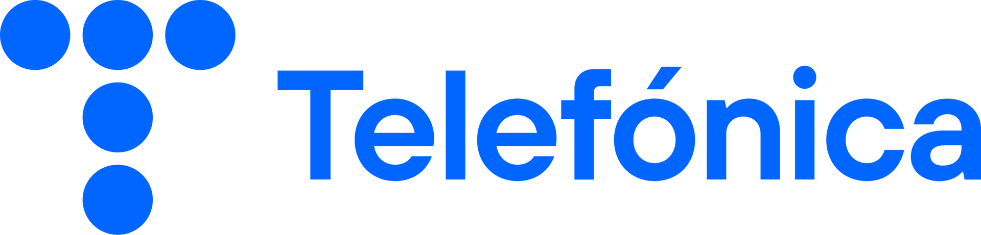 Logotipo de Telefónica: Letra T azul formada por puntos junto a la palabra 