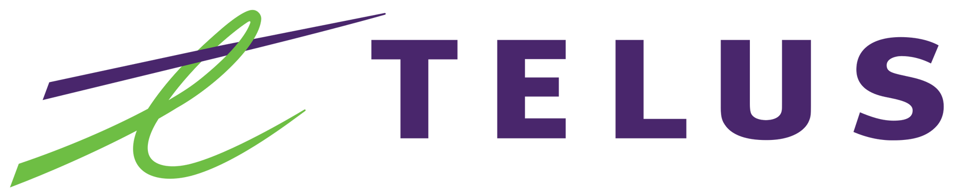 Logotipo de TELUS: líneas curvas verdes y violetas con el nombre de la empresa en violeta.