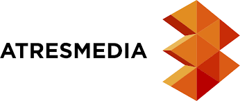 Logotipo de Atresmedia: texto en color negro, diseño geométrico naranja sobre fondo blanco.