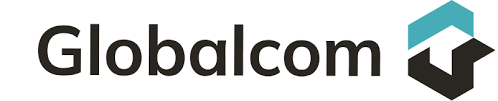 Logotipo de Globalcom con texto negro y un ícono geométrico en color verde azulado y negro.