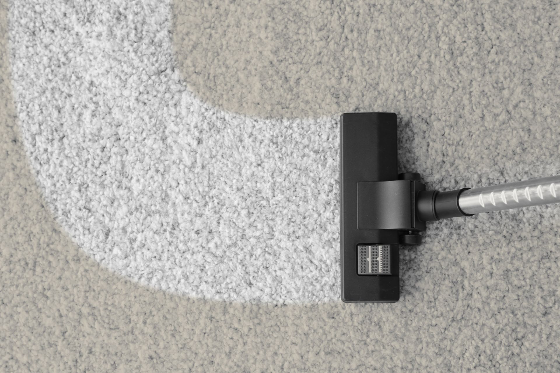 La tête d'aspirateur nettoie une bande incurvée sur un tapis gris.