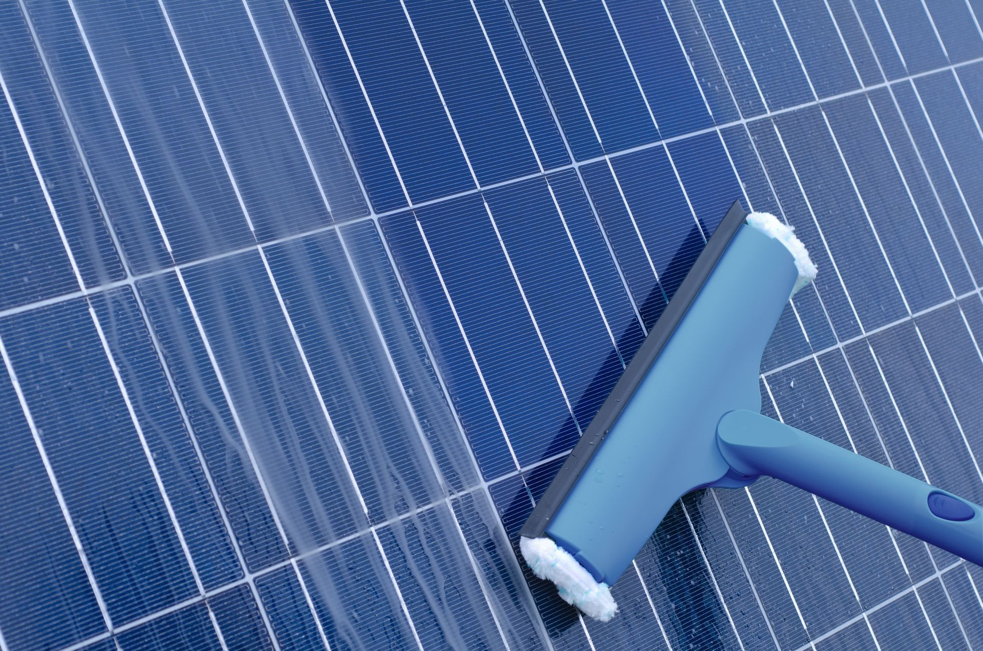 Rouleau de nettoyage bleu sur panneaux solaires, soulignant l'entretien d'un champ photovoltaïque